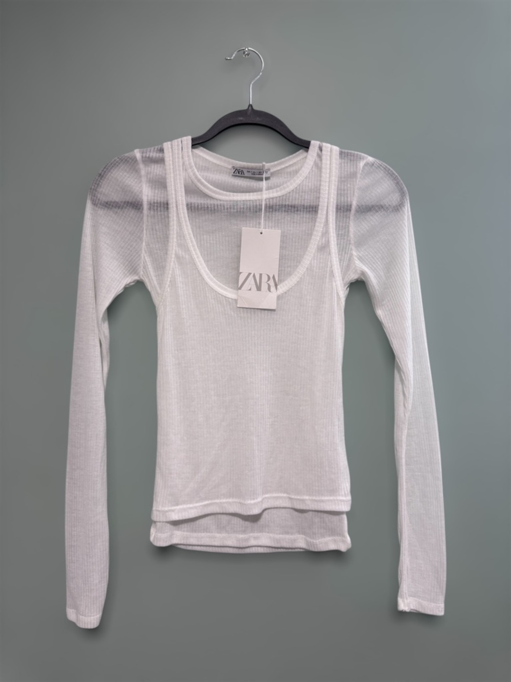 ZARA Ribbed Layered Scoop Neck Long Sleeve Top White NWT Size S